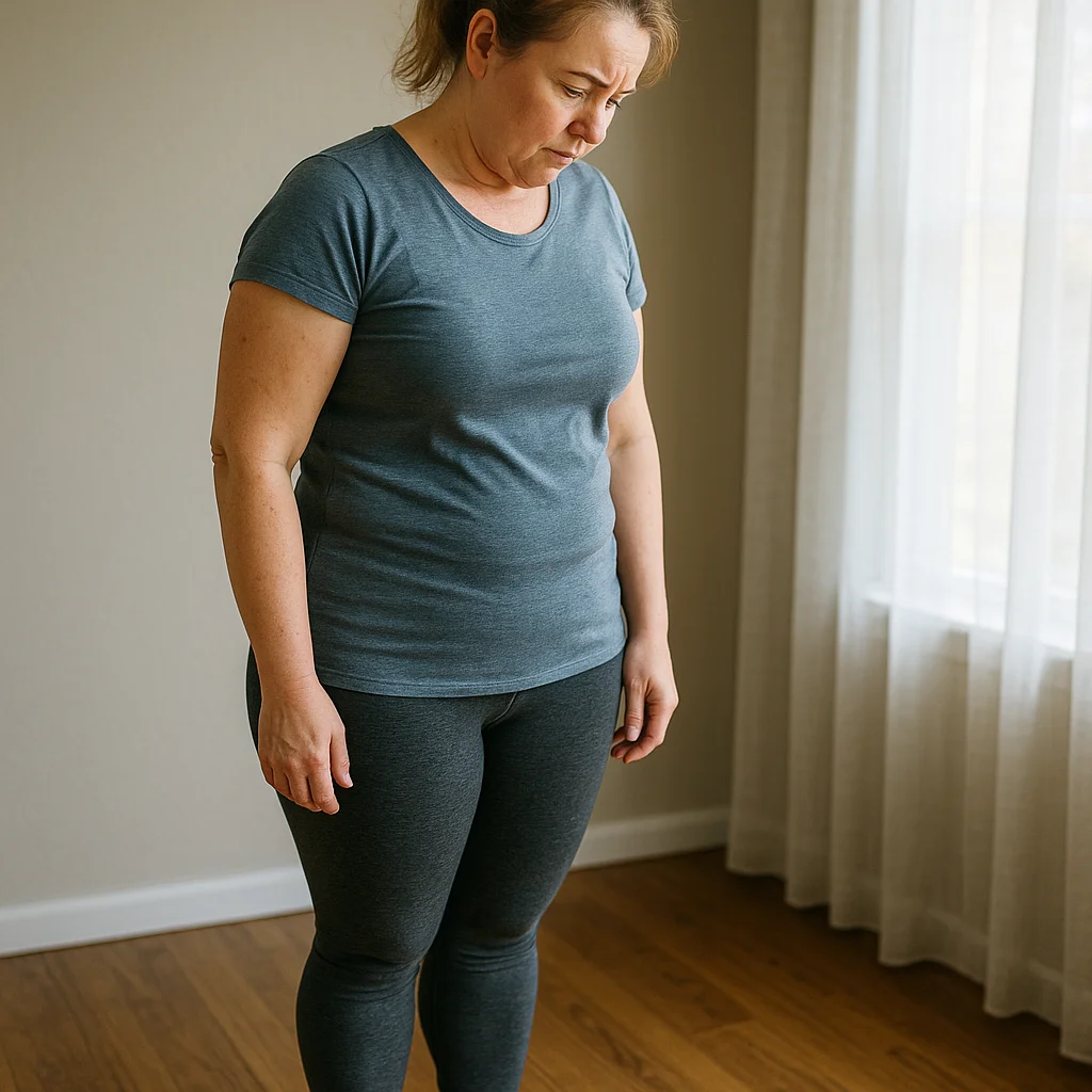 A middle-aged woman with light brown hair pulled back, wearing a grey-blue fitted t-shirt and dark grey leggings, stands on a hardwood floor looking downward with a furrowed, discouraged expression, near a curtained window in a neutral-toned room.