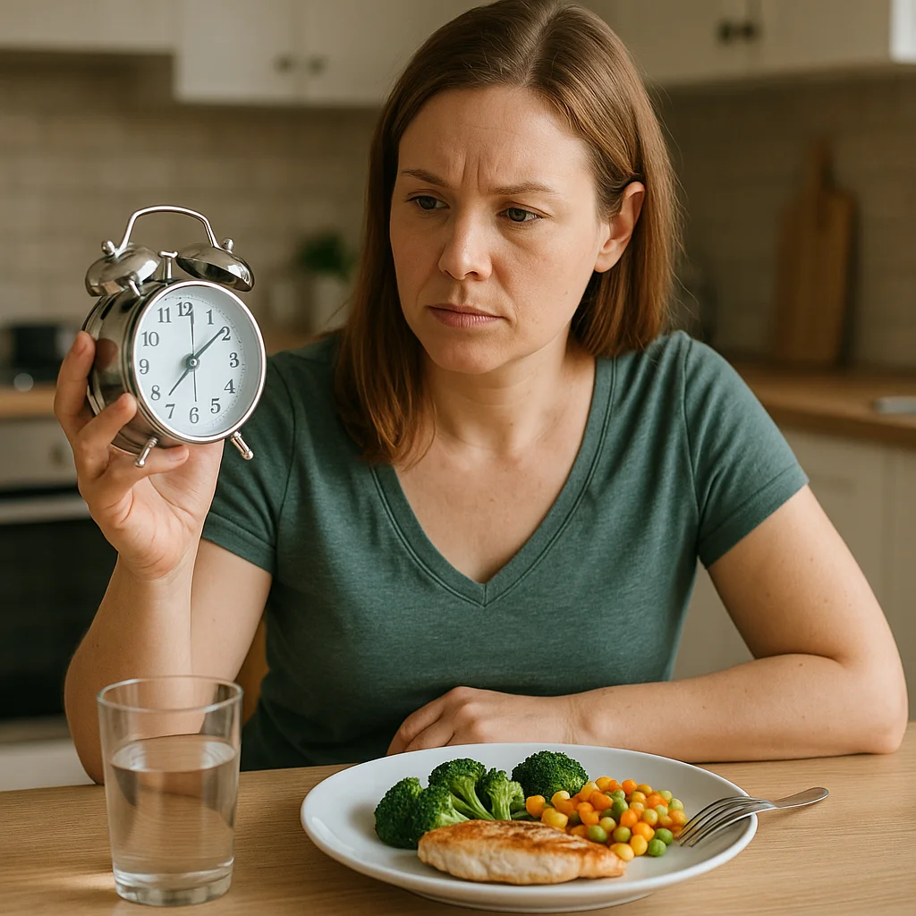 A woman in a green t-shirt sits at a kitchen table holding a silver alarm clock and frowning at a white plate containing grilled chicken, broccoli, and mixed vegetables, with a glass of water beside it.