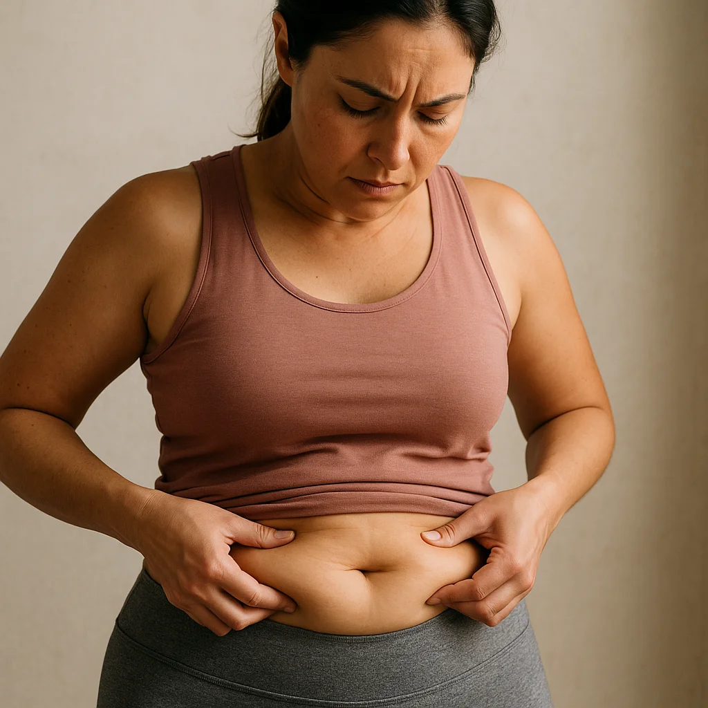 A dark-haired woman in a mauve tank top and gray leggings looks down with a furrowed brow while pinching the skin and fat around her bare midsection with both hands against a neutral beige background.