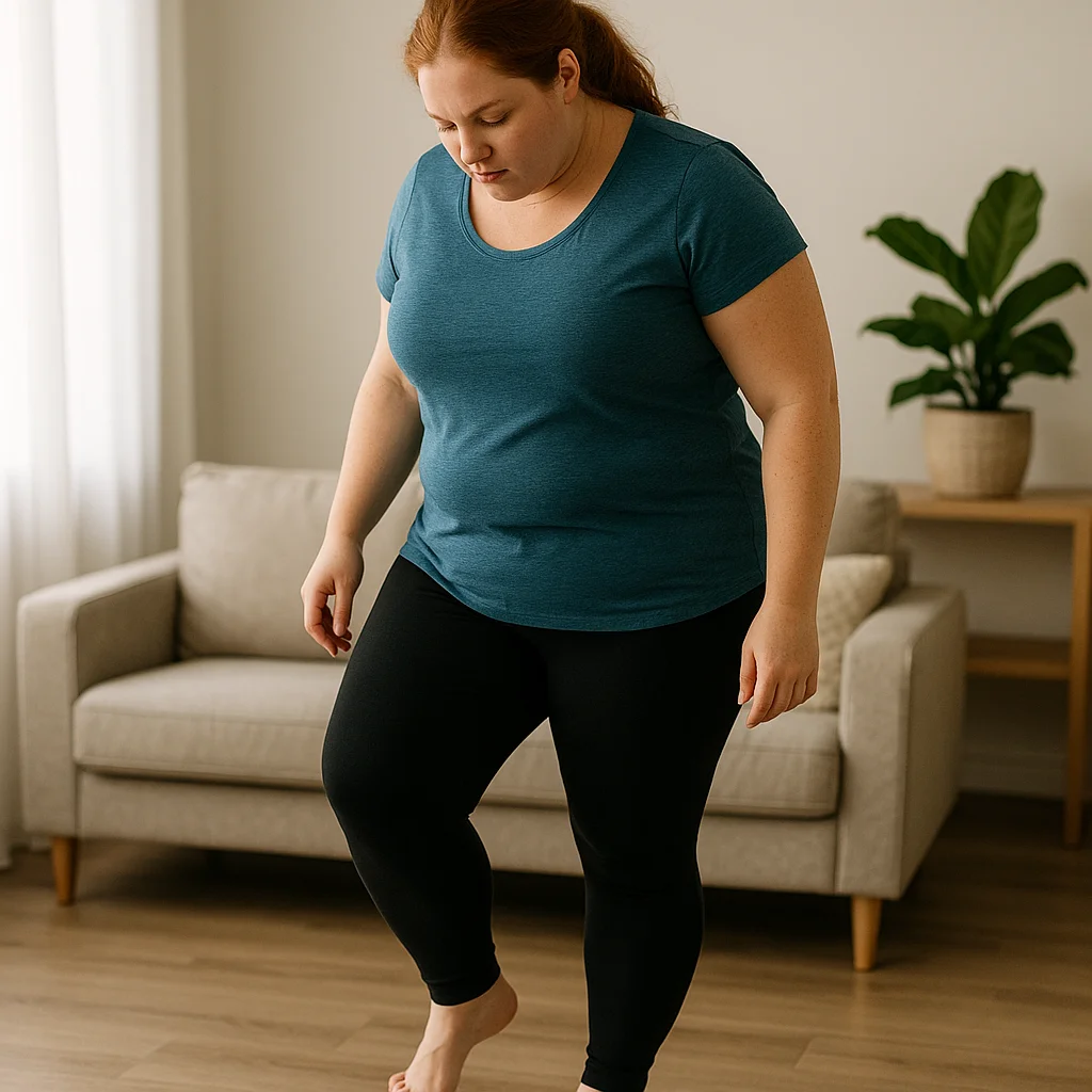 A red-haired plus-size woman wearing a teal t-shirt and black leggings walks or steps barefoot on a wood floor in a minimalist living room with a beige sofa and potted plant in the background.