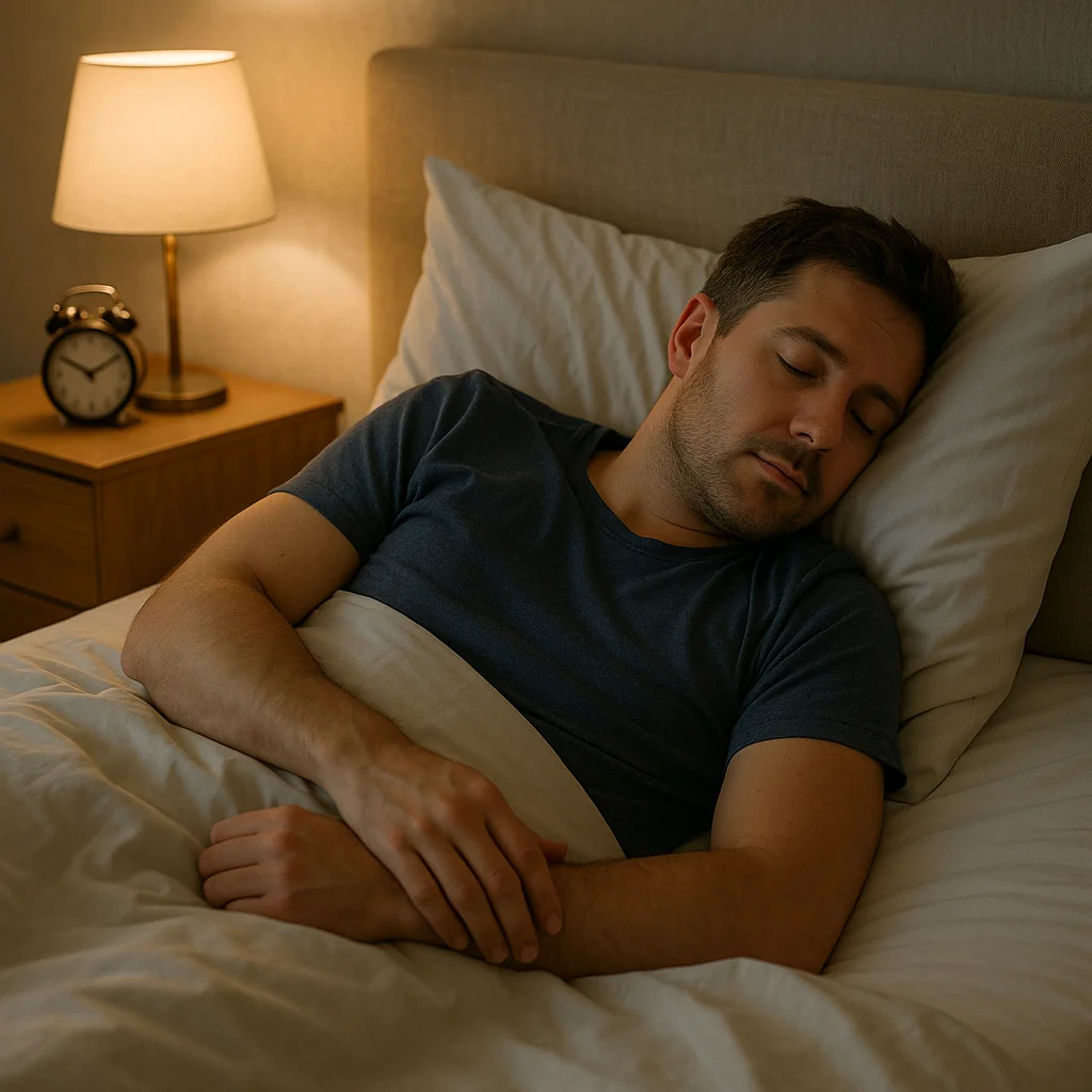 A man in a navy t-shirt sleeping peacefully on white bedding with a lit bedside lamp and analog alarm clock on a wooden nightstand behind him.