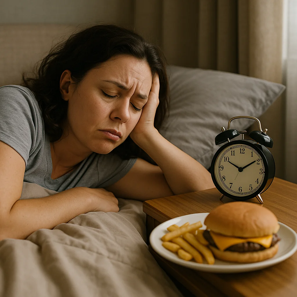 A dark-haired woman lying in bed with a pained, exhausted expression rests her head on her hand while looking at a nightstand holding a classic black alarm clock and a white plate with a cheeseburger and french fries.