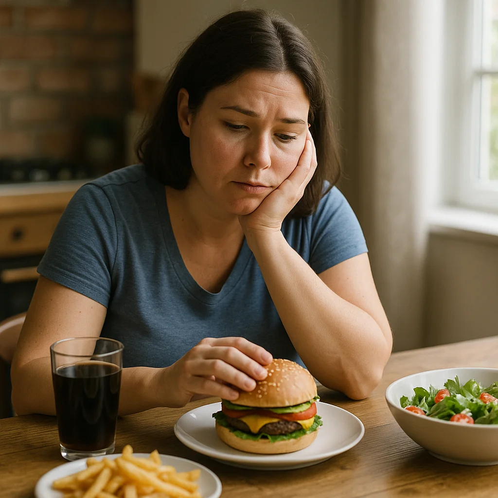 A dark-haired woman in a blue t-shirt rests her chin on her hand with a troubled expression, sitting at a wooden table with a cheeseburger on a plate, french fries, a dark soda, and a bowl of salad in front of her.