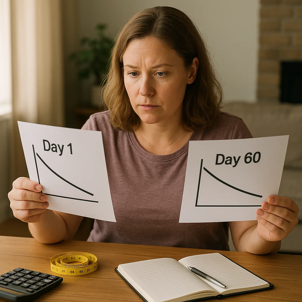 A serious-faced woman sitting at a desk holds two papers side by side showing downward-curve graphs labeled 'Day 1' and 'Day 60,' with a measuring tape, calculator, and notebook on the table in front of her.