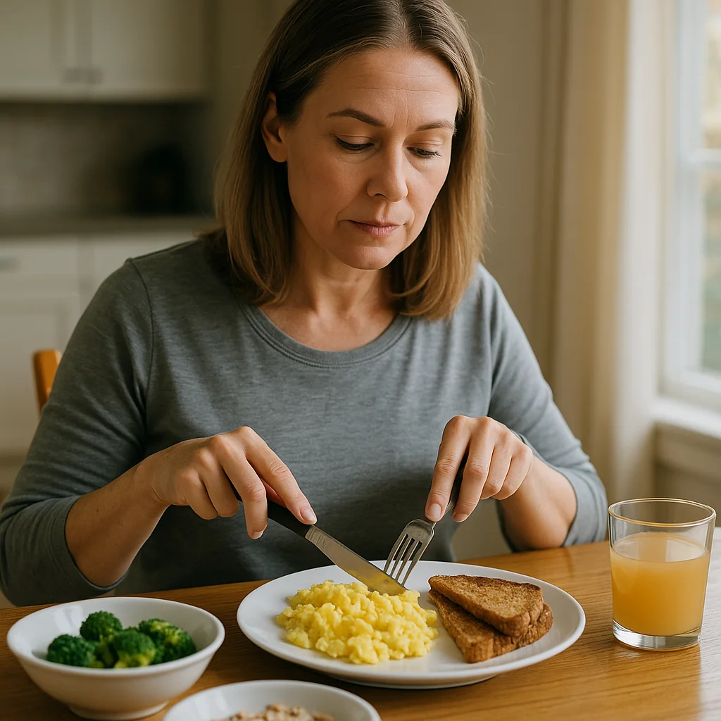 A middle-aged woman with shoulder-length brown hair in a gray top cuts into scrambled eggs on a white plate at a wooden table, with a side bowl of broccoli, toast, and a glass of orange juice nearby.