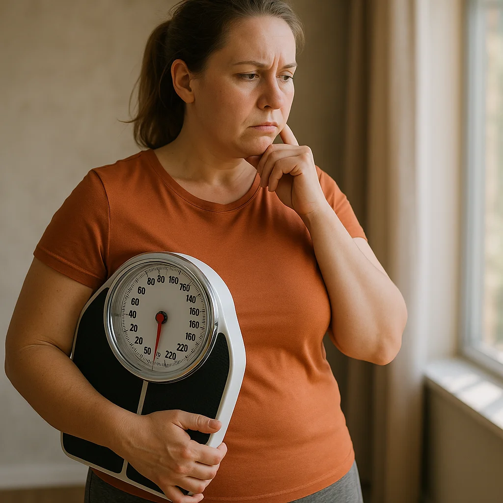 A middle-aged woman in an orange t-shirt holds a analog bathroom scale under her arm while resting her chin on her fist, looking pensively out a window with a troubled expression.
