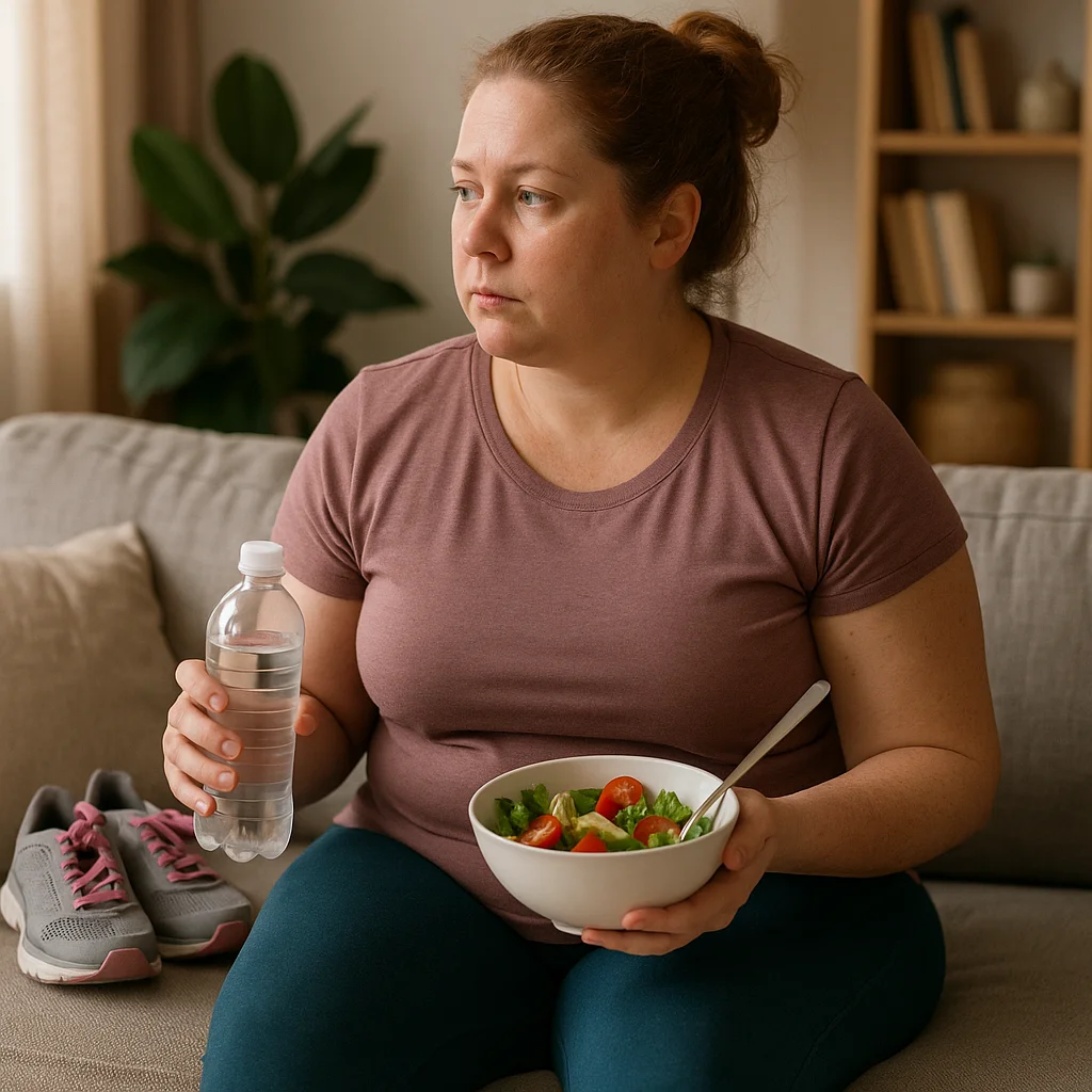 A woman with reddish-brown hair in a bun wearing a mauve t-shirt and teal leggings sits on a beige couch holding a water bottle and a bowl of salad with a fork, with gray-and-pink sneakers resting unused beside her.