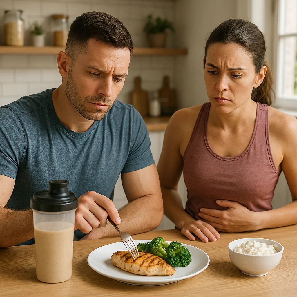 A man in a blue t-shirt eating grilled chicken and broccoli with a protein shaker beside him, while a woman in a mauve tank top looks at the plate with a concerned expression and her hand on her stomach, seated at a kitchen table with a bowl of cottage cheese nearby.