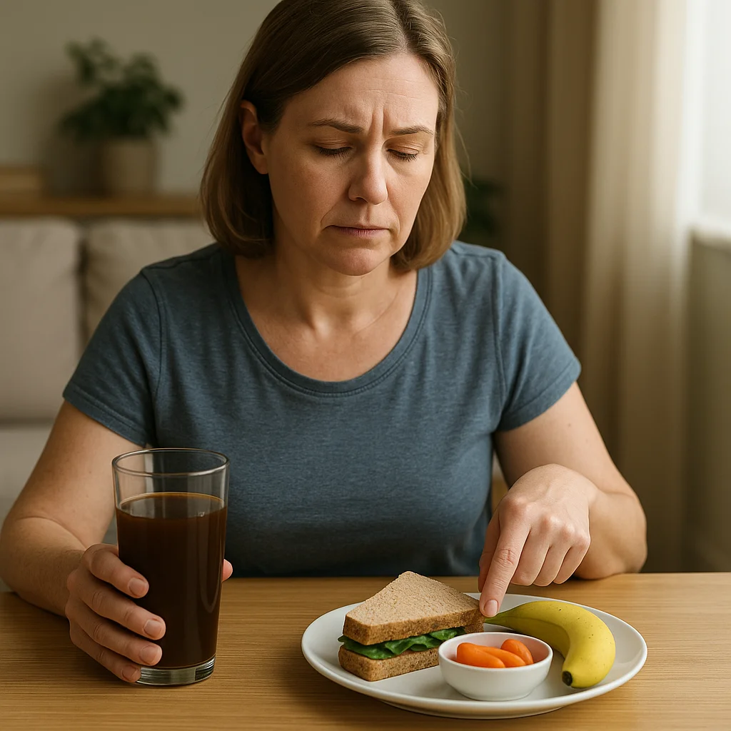 A middle-aged woman in a blue t-shirt sits at a wooden table holding a glass of dark liquid in one hand while pointing at a small plate containing a sandwich, baby carrots, and a banana, with a furrowed, uncertain expression.