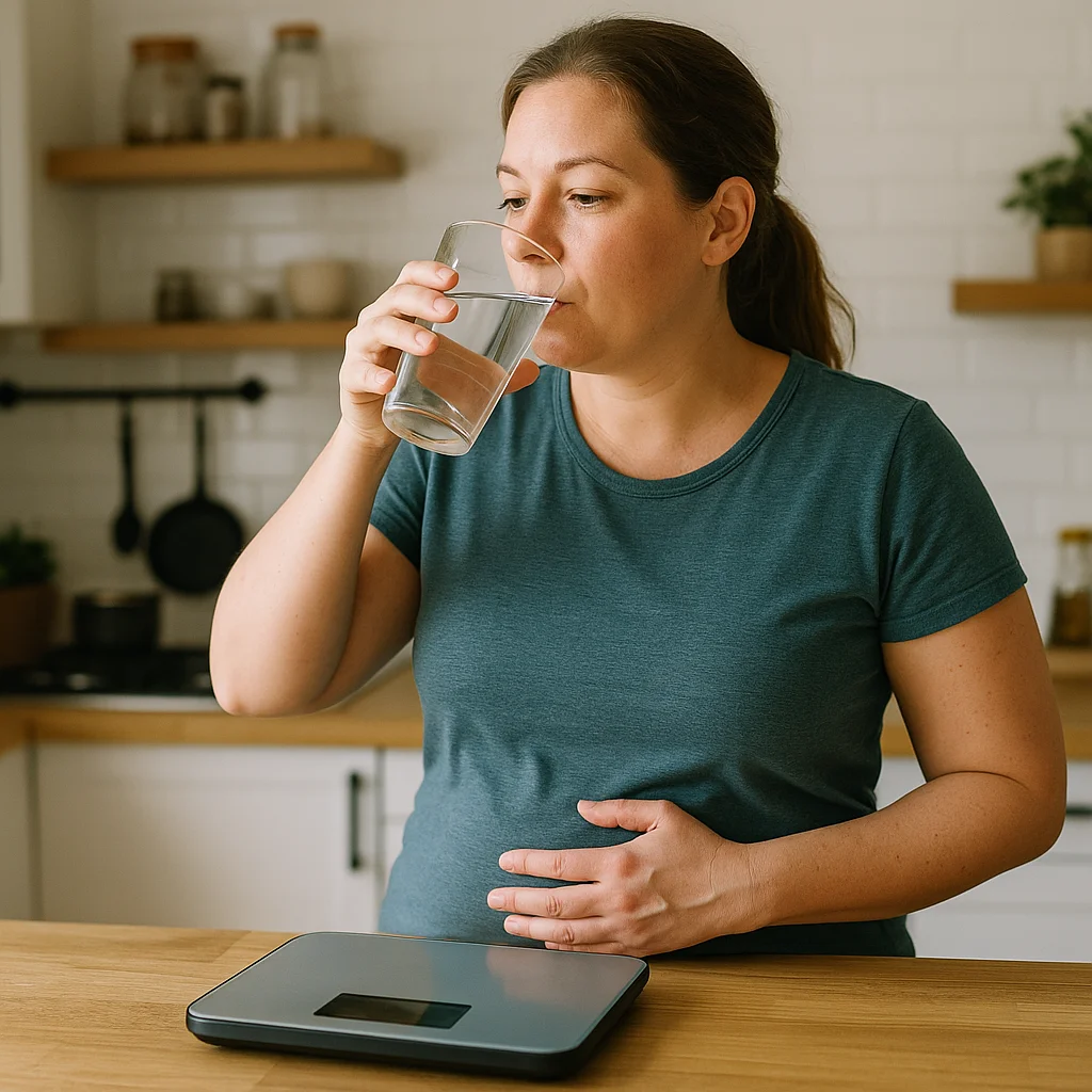 A dark-haired woman in a teal t-shirt drinks a glass of water in a modern white kitchen while placing her hand on her abdomen, with a digital scale resting on the wooden counter in front of her.