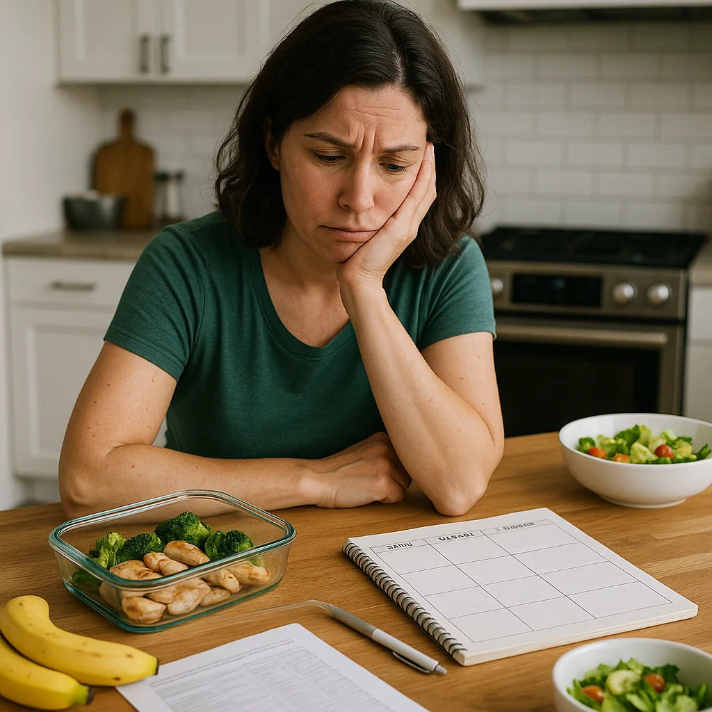 A dark-haired woman in a green t-shirt rests her chin on her hand with a worried expression, sitting at a wooden kitchen table with a glass container of chicken and broccoli, bananas, a blank weekly planner, a pen, and two bowls of salad arranged around her.