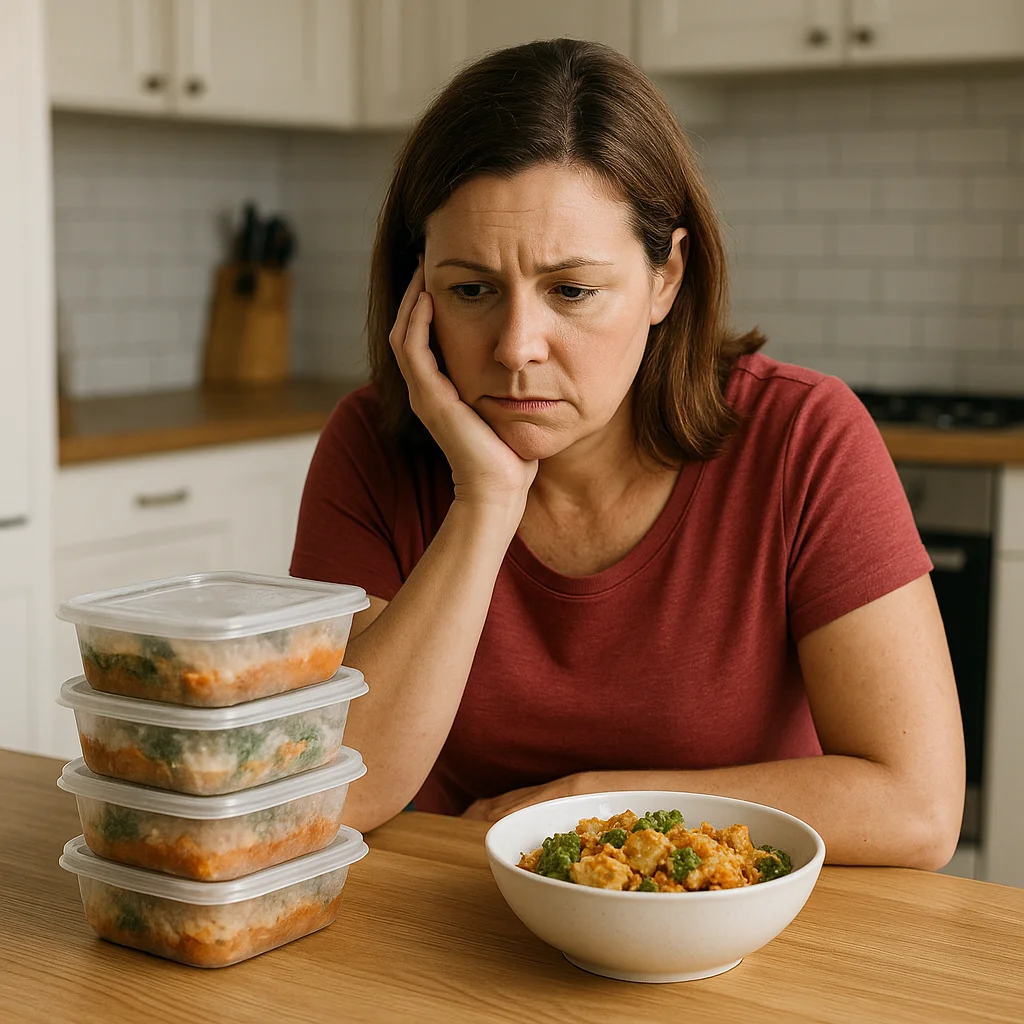 A middle-aged woman in a red t-shirt sits at a wooden kitchen table resting her chin on her hand with a dissatisfied expression, looking at a stack of four clear plastic meal-prep containers filled with layered food beside a white bowl of rice, vegetables, and protein, in a white modern kitchen.