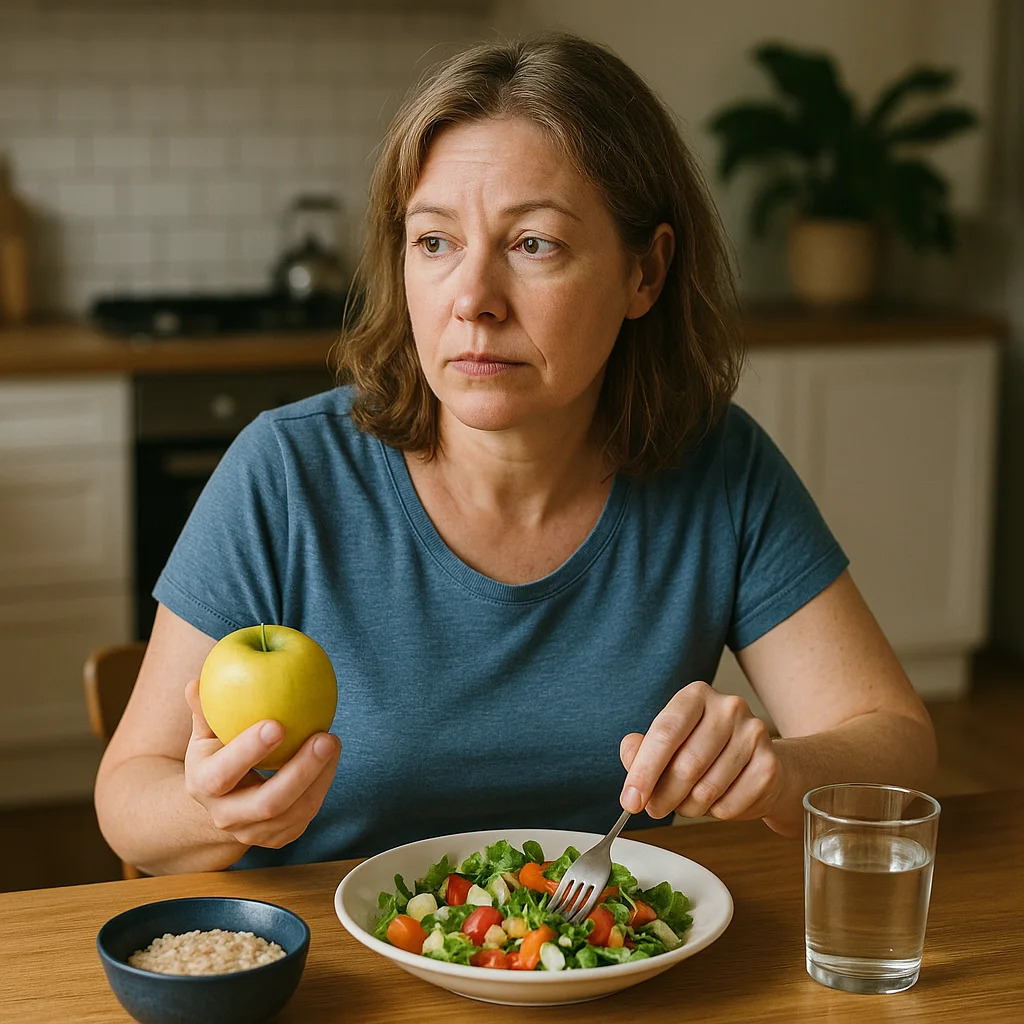 A middle-aged woman with shoulder-length brown hair sits at a wooden kitchen table holding a green apple in one hand and a fork over a vegetable salad in the other, with a small bowl of grains and a glass of water nearby.