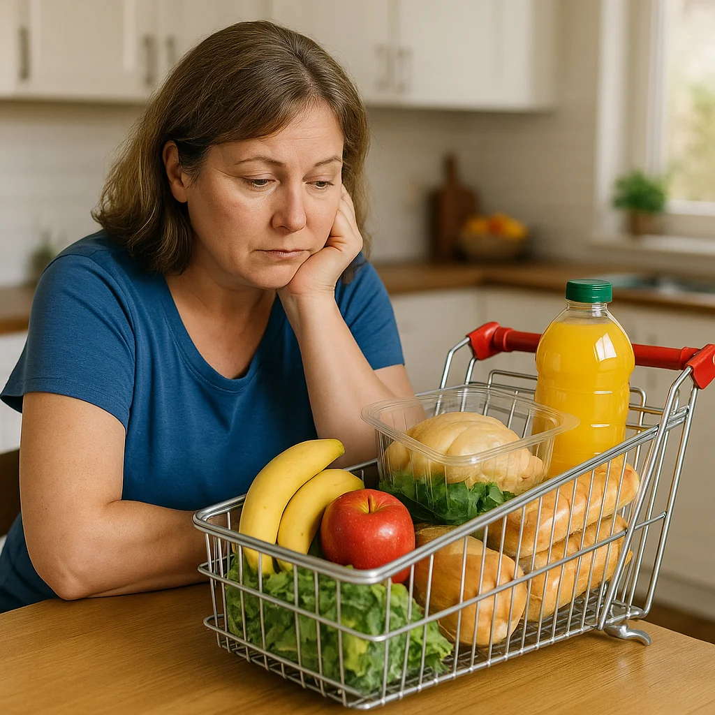 A middle-aged woman with shoulder-length brown hair in a blue t-shirt sits at a wooden kitchen table resting her chin on her hand with a contemplative expression, looking at a small wire shopping cart with red handles containing bananas, a red apple, leafy greens, bread rolls, a clear container of food, and a bottle of orange juice, in a bright white modern kitchen.
