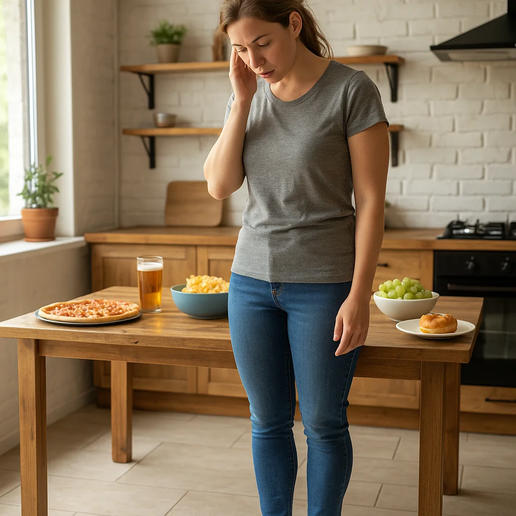 A woman in a gray t-shirt and jeans holds her hand to her temple with a troubled expression while standing at a wooden kitchen table covered with pizza, a glass of beer, a bowl of chips, grapes, and a pastry.