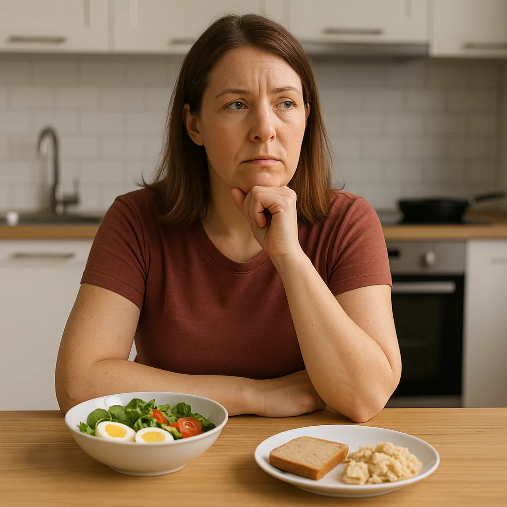 A middle-aged woman with shoulder-length brown hair in a rust-red t-shirt sits at a wooden kitchen table resting her chin on her fist with a contemplative, slightly troubled expression, with a white bowl of salad greens, tomatoes, and a halved boiled egg on her left and a white plate with a slice of bread and scrambled eggs on her right, in a modern white kitchen.