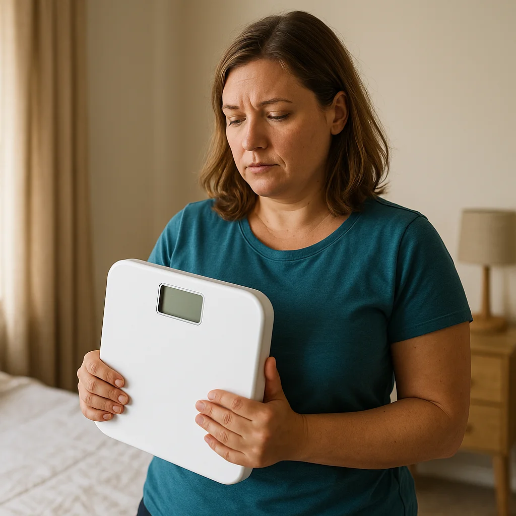 A woman with shoulder-length brown hair wearing a teal t-shirt holds a white digital bathroom scale against her chest and looks down at it with a worried, furrowed-brow expression, standing in a softly lit bedroom.