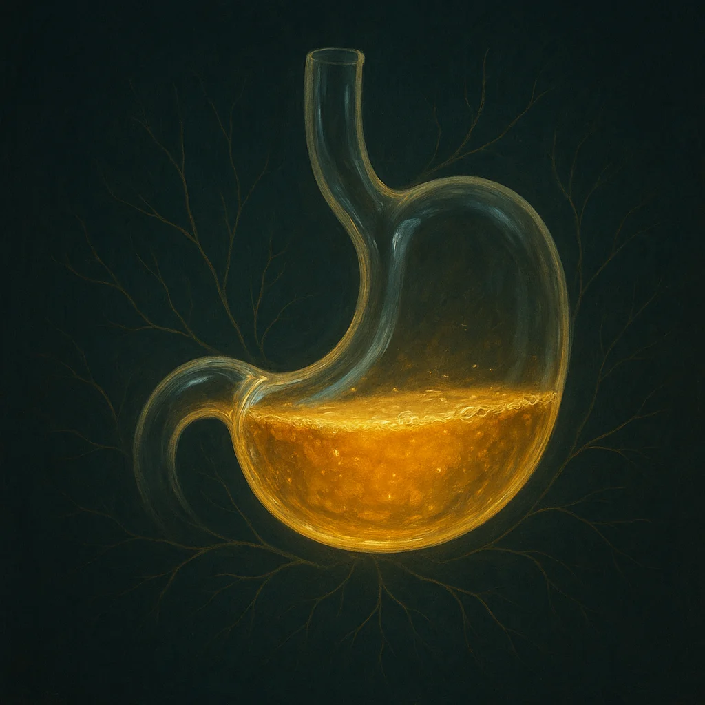 A translucent glass stomach shape filled halfway with luminous golden bubbling liquid floats against a dark teal background surrounded by fine branching reddish root-like filaments radiating outward from the organ.