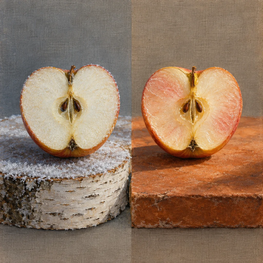 A halved red apple is shown twice side by side, the left half resting on a snow-dusted birch wood slice against a cool gray fabric background, and the right half resting on a warm terracotta stone slab against a tan fabric background, with the apple interior appearing pale and cool on the left and warm and rosy on the right.