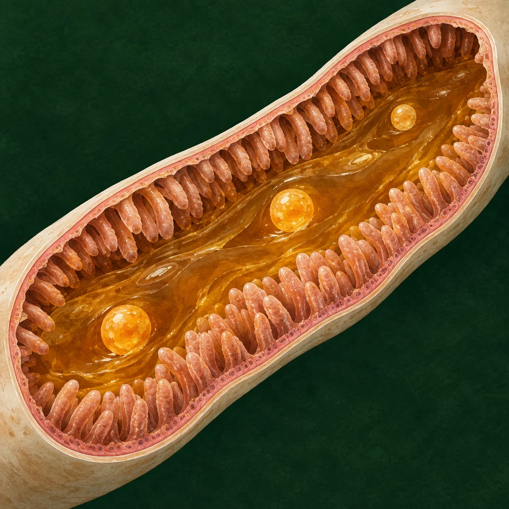A diagonal cross-section of a tubular intestinal segment reveals closely packed pink finger-like villi covering the inner walls, surrounding a central channel filled with flowing amber gel containing three glowing orange spherical droplets, set against a dark green background.