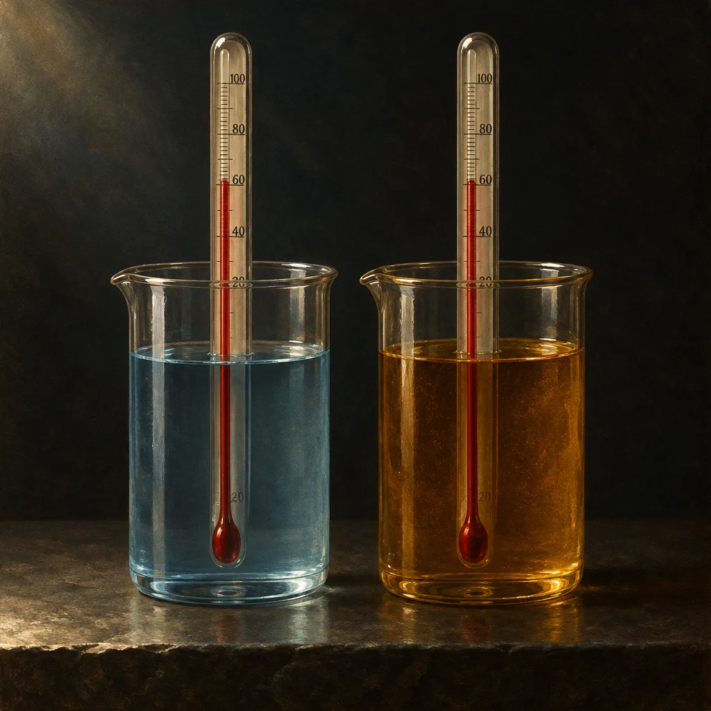 Two clear glass laboratory beakers sit side by side on a dark stone surface, the left filled with cool blue liquid and the right with warm amber liquid, each containing a red-bulb thermometer reading approximately 60 degrees Celsius, against a dark background with a soft light source on the left.