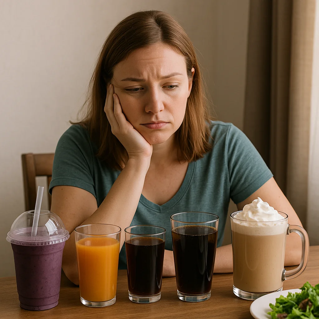 A brown-haired woman in a teal t-shirt rests her chin on her hand with a worried expression while looking down at five drinks arranged on a wooden table: a purple smoothie with straw, a glass of orange juice, two glasses of dark cola, and a large latte topped with whipped cream, with a small plate of greens visible at the edge.