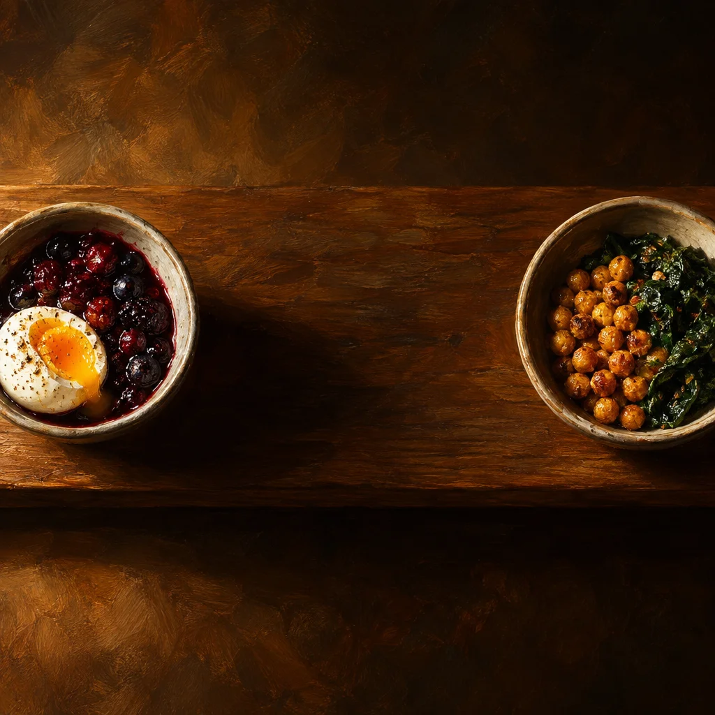 Two rustic ceramic bowls sit on a narrow wooden board against a dark warm-toned background, the left bowl containing dark berries and a soft-boiled egg halved to reveal a jammy yolk, and the right bowl containing roasted chickpeas and sauteed dark leafy greens.