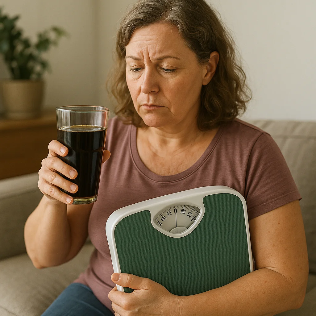 A middle-aged woman with a furrowed brow sits on a couch holding a glass of dark liquid in one hand and a green-and-white analog bathroom scale tucked under her other arm.