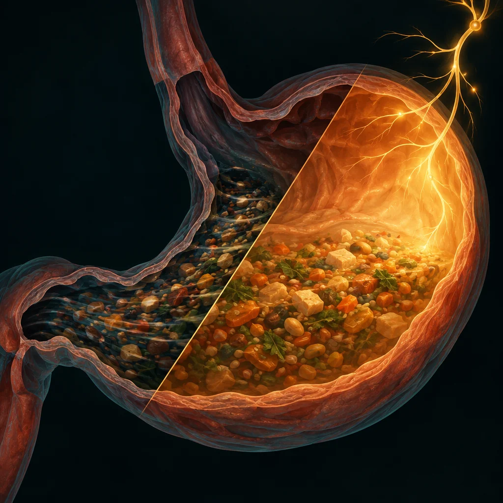 A cross-section of a human stomach is divided diagonally into two halves, the left showing a dim blue-gray interior with churned dark particle slurry, and the right showing warm amber-lit intact vegetable and legume pieces with bright yellow lightning bolt neural signals branching upward from a glowing neuron.