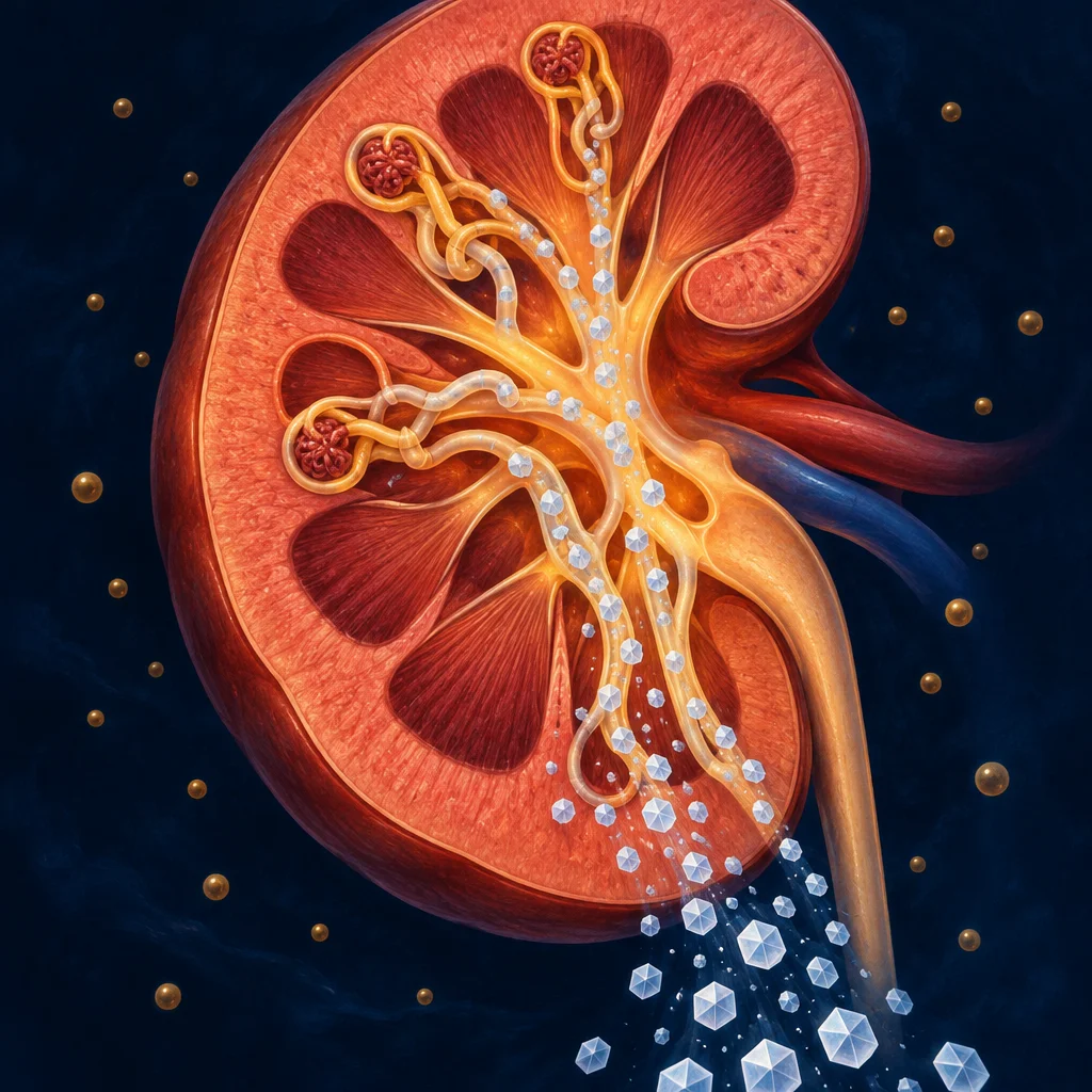 A detailed medical illustration shows a cross-section of a human kidney against a dark blue background, with orange nephron tubules winding from dark red glomeruli in the cortex toward a bright central pelvis, through which small white geometric crystal shapes flow and scatter out through the ureter at lower right, while gold spheres float in the surrounding background.