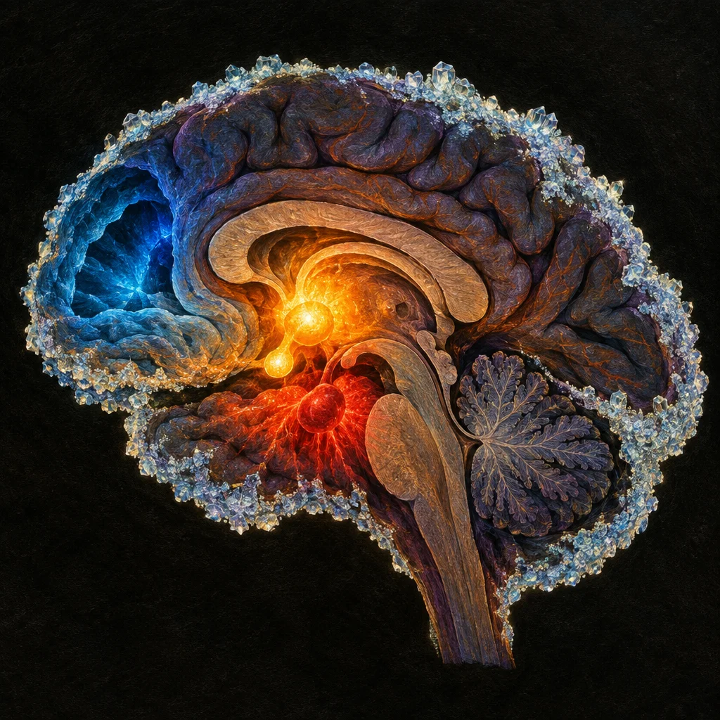 A sagittal cross-section of a human brain rendered in surrealist detail shows deep purple cortical folds rimmed with crystalline blue-white formations, a luminous amber-gold glow emanating from the central subcortical structures, a vivid blue cavity in the frontal region, and a red-orange inflamed zone in the lower brain area, all set against a pure black background.