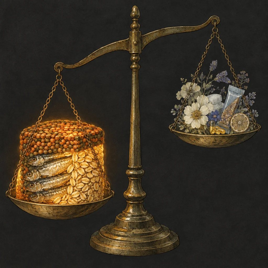 An antique brass balance scale on a dark background holds a densely packed, glowing stack of sardines, red lentils, and whole grains on the lowered left pan, while the raised right pan contains decorative flowers, capsules, a tube, spices, and a lemon slice.