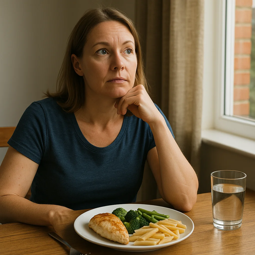 A middle-aged woman with brown hair in a blue t-shirt sits at a wooden table, chin resting on her fist, gazing away from an untouched white plate holding grilled chicken, broccoli, green beans, and penne pasta, with a glass of water beside it and a window in the background.