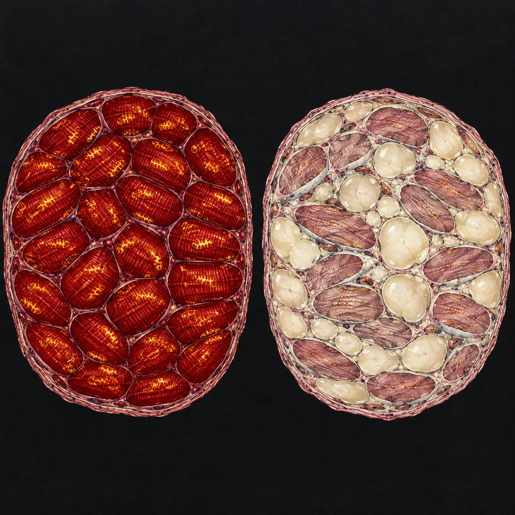 Two oval cross-sectional tissue illustrations sit side by side against a black background, the left densely filled with tightly packed deep crimson muscle fiber cells glowing with gold internal striations, and the right showing the same outer membrane enclosing a mix of shrunken pale-mauve muscle bundles interspersed with large translucent cream-colored fat globules.
