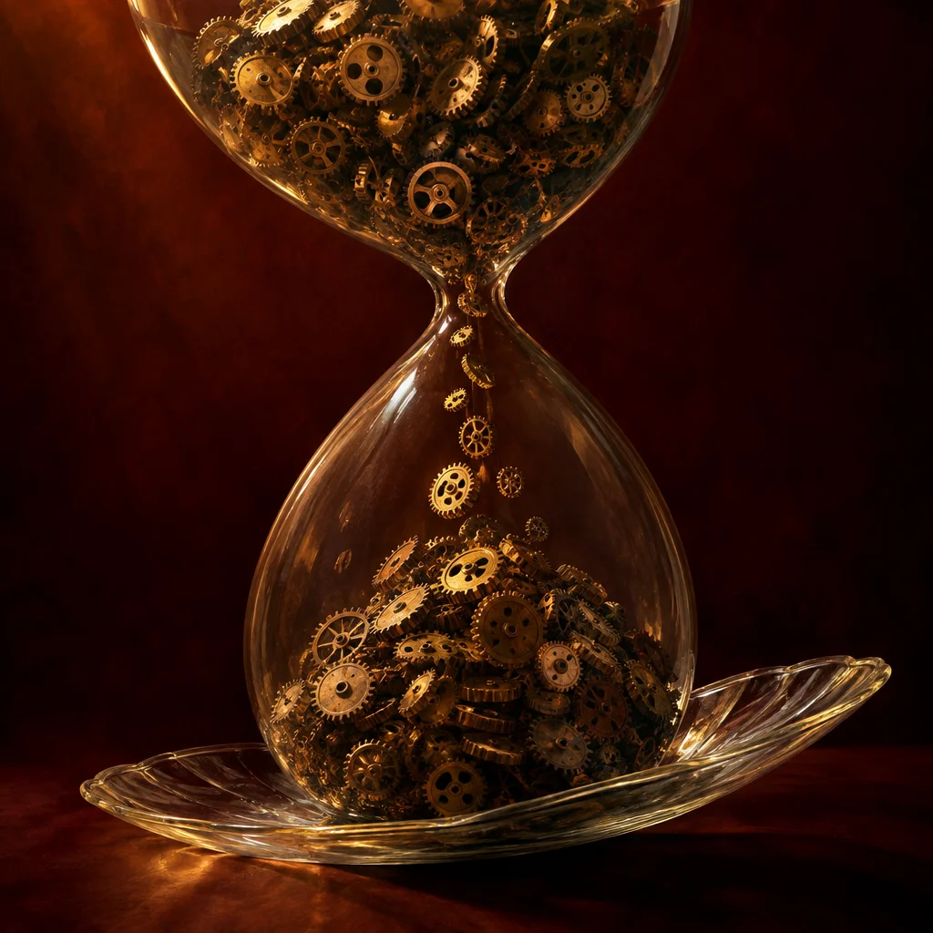 A clear glass hourglass rests on a ribbed glass saucer against a deep crimson background, its upper bulb densely packed with small brass gears and cogs, a stream of gears falling through the narrow neck into a growing pile of identical golden mechanical parts in the lower bulb.