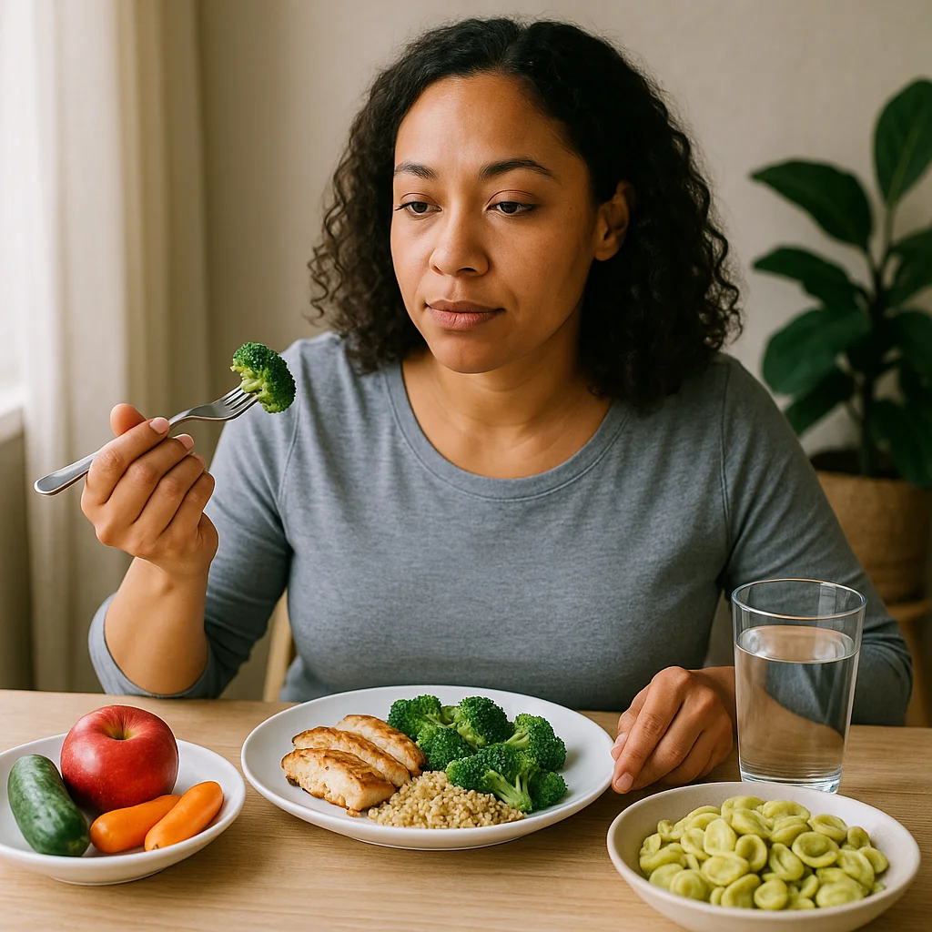 A curly-haired woman in a grey top holds a fork with broccoli over a white plate containing grilled fish, steamed broccoli, and quinoa, flanked by a bowl of fresh vegetables and a bowl of green pasta, with a glass of water on a wooden table.