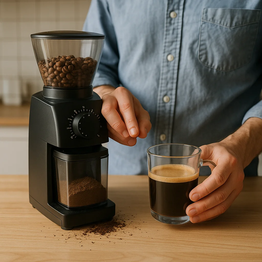 A person in a blue chambray shirt adjusts the numbered dial on a black burr coffee grinder loaded with whole beans, while holding a clear glass mug of dark espresso with crema on a wooden countertop, with scattered coffee grounds visible nearby.