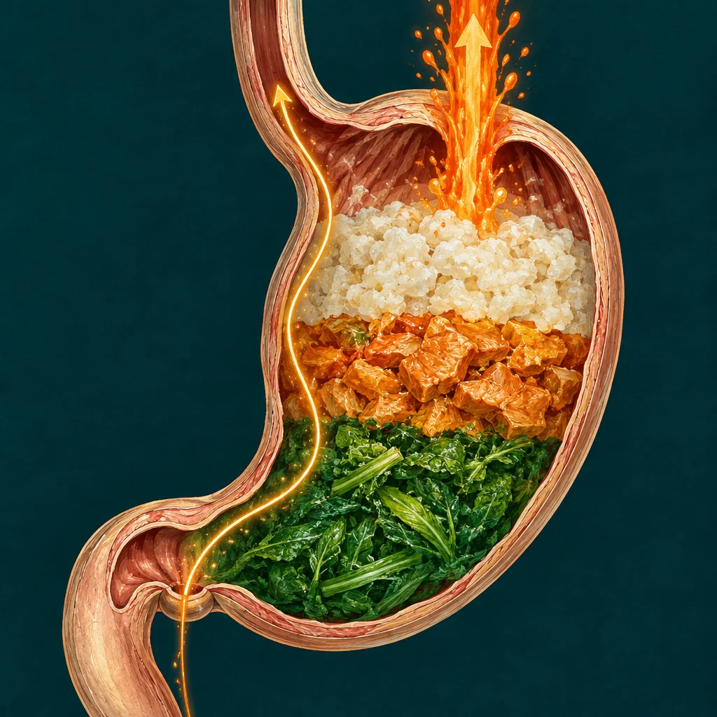 A cross-sectional illustration of a human stomach reveals three distinct horizontal food layers stacked from bottom to top: dark green leafy vegetables, chunked orange-spiced protein, and white rice, with a volcanic burst of orange flame and upward arrows erupting from the rice layer at the top and a glowing amber line tracing downward along the stomach wall toward the pyloric outlet.