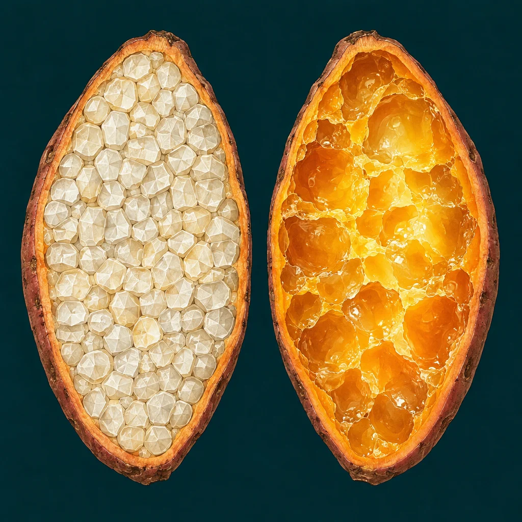 Two oval cross-sections of the same food pod sit side by side against a dark teal background, the left half filled with tightly packed pale cream-white polyhedral cells and the right half revealing loosely structured translucent amber-orange gel-like cells glowing with warm internal light, both enclosed in a rust-brown outer rind.