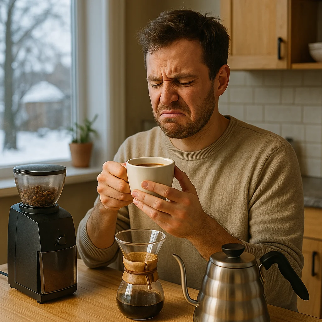 A bearded man in a beige sweater frowns with eyes closed while holding a small white coffee cup at a wooden kitchen table, with a Chemex pour-over, gooseneck kettle, and burr grinder visible, a snowy outdoor scene through the window behind him.