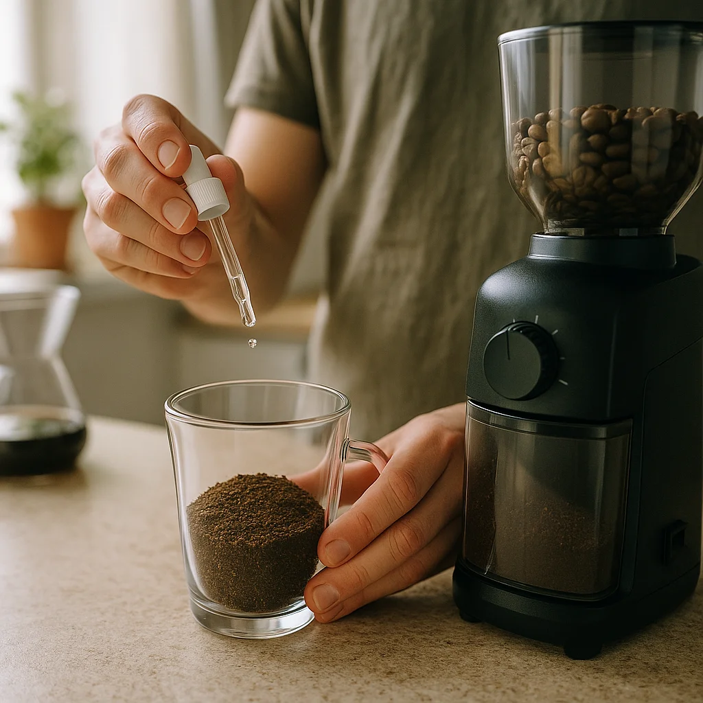 A person uses a dropper to add drops of liquid to a glass cup filled with ground coffee, next to a black burr grinder loaded with whole beans on a kitchen counter.