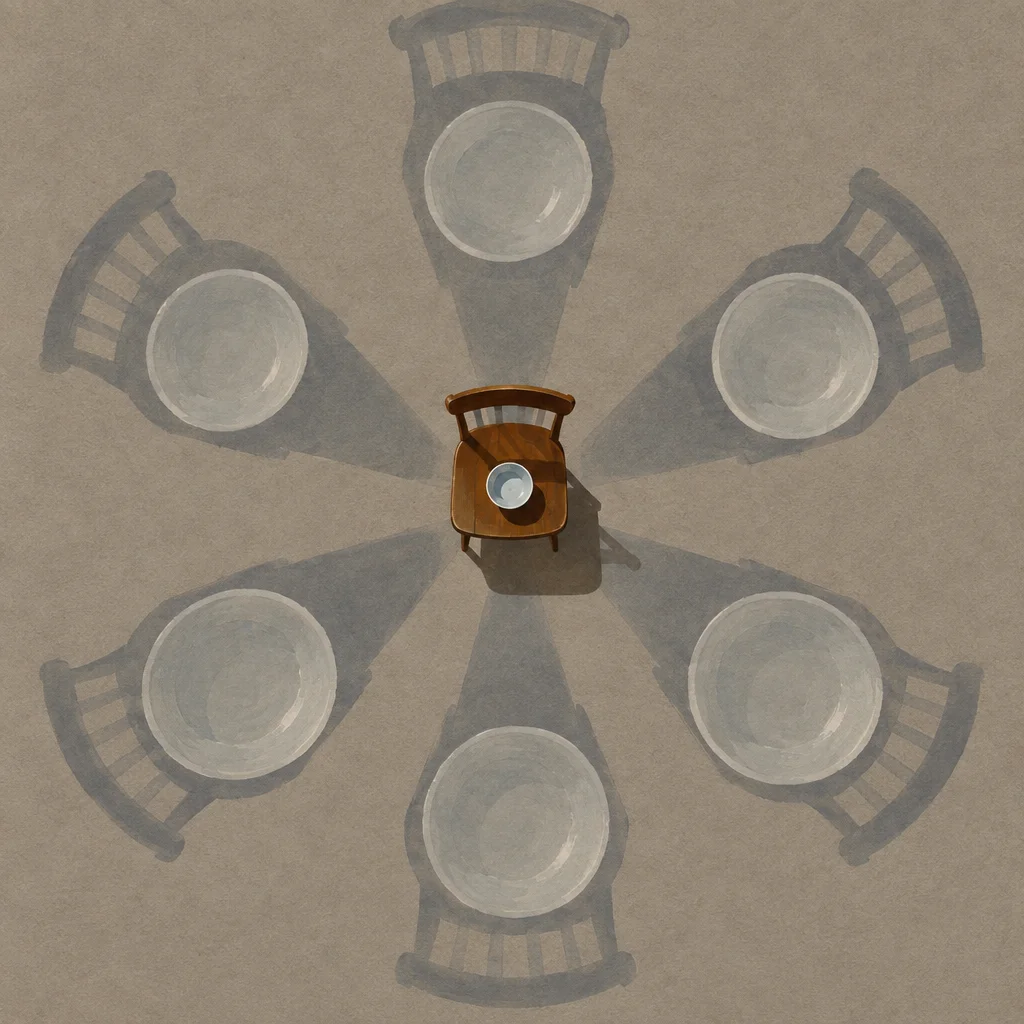 A top-down illustration shows one real wooden chair holding a small bowl at the center of a radial arrangement of six faded gray shadow-chairs, each paired with a large empty white plate, all set against a warm beige floor.