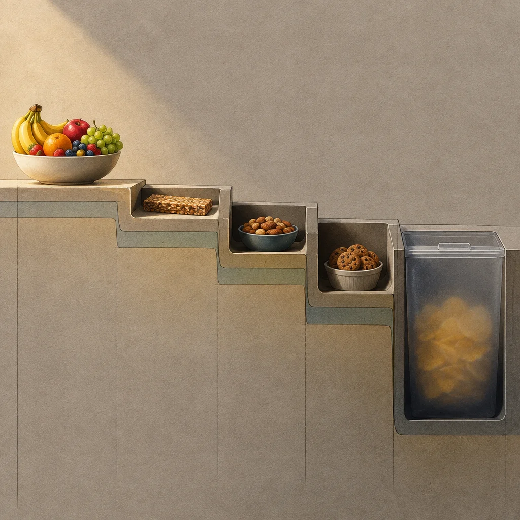 A cross-sectional architectural illustration shows a descending staircase of recessed shelves, with a colorful fruit bowl on the highest and most open level, followed by a granola bar, a bowl of nuts, a bowl of chocolate chip cookies, and finally a dark opaque container of chips at the lowest and most enclosed level.