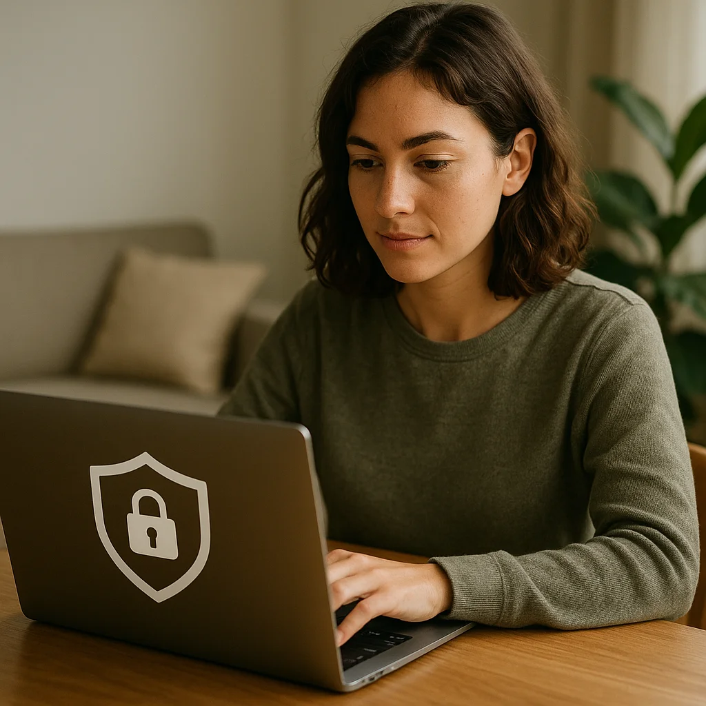 A dark-haired woman in an olive sweater types on a laptop whose lid displays a white shield-and-padlock icon, seated at a wooden table with a couch and plant in the background.