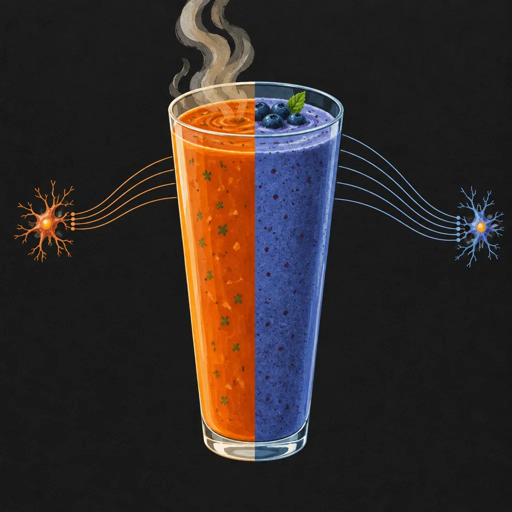 A tall clear glass split vertically down the center contains a steaming hot orange puree on the left half and a cool purple blueberry smoothie topped with fresh blueberries and a mint leaf on the right half, with an orange neuron on the far left and a blue neuron on the far right each sending curved signal lines into their respective sides of the glass against a black background.