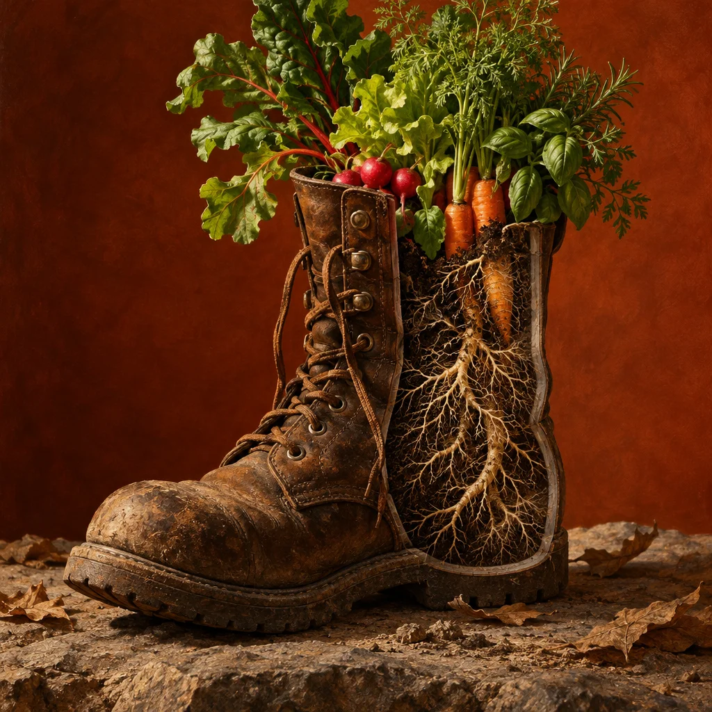 A heavily worn and mud-caked lace-up leather boot sits on a rocky surface scattered with dry leaves against a deep terracotta background, its interior filled with dark soil from which carrots, radishes, beet greens, lettuce, basil, and carrot tops emerge, while an intricate branching root system is visible pressing through the translucent side panel of the boot.