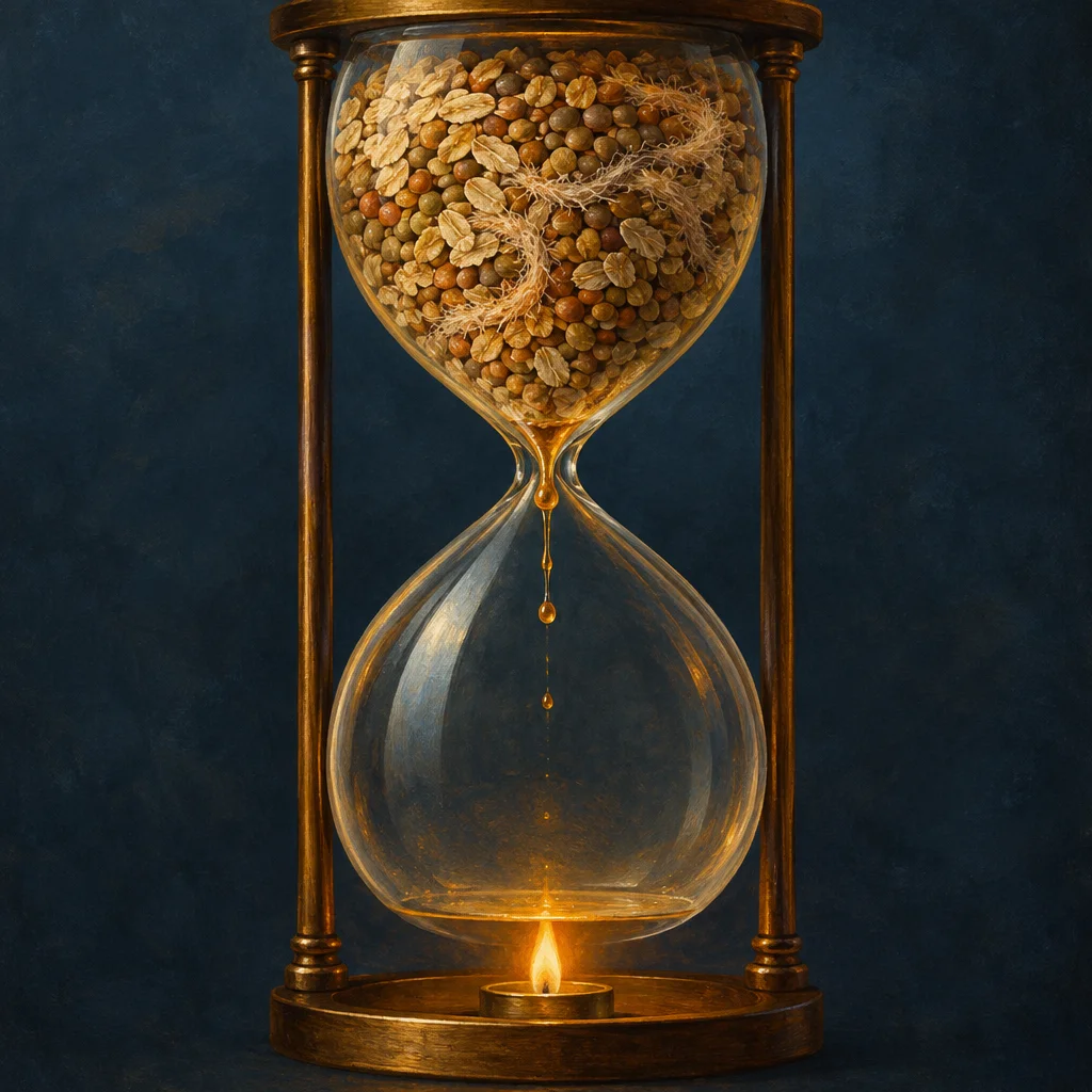 A brass-framed hourglass with its upper bulb densely packed with golden seeds, legumes, and fibrous plant material slowly dripping amber liquid droplets into a nearly empty lower bulb that glows from a small flame burning at its base, set against a dark blue background.