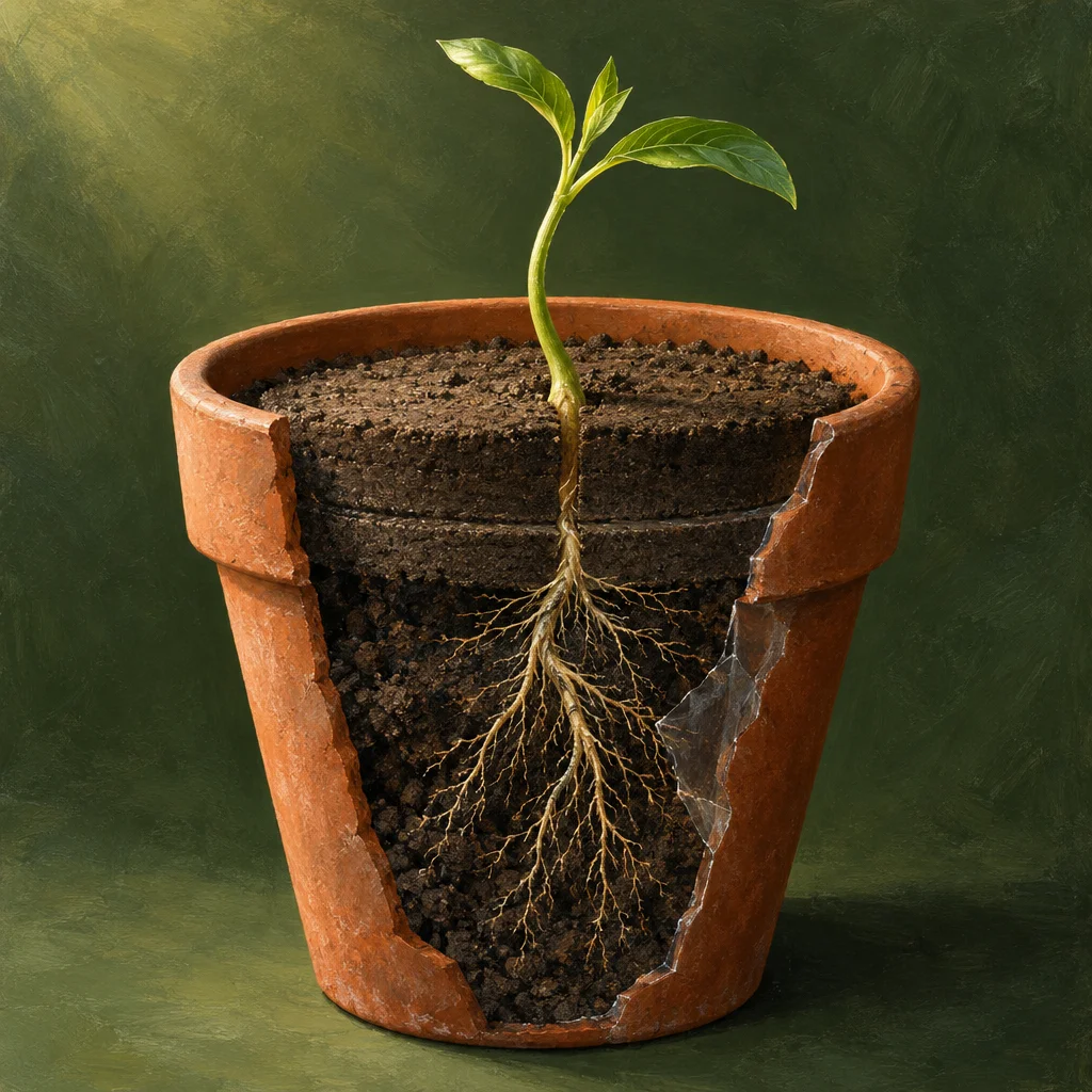 A terracotta flower pot with a large crack revealing its interior cross-section shows dark soil, an intricate golden root system spreading downward, and a small green seedling with several leaves emerging from the top.