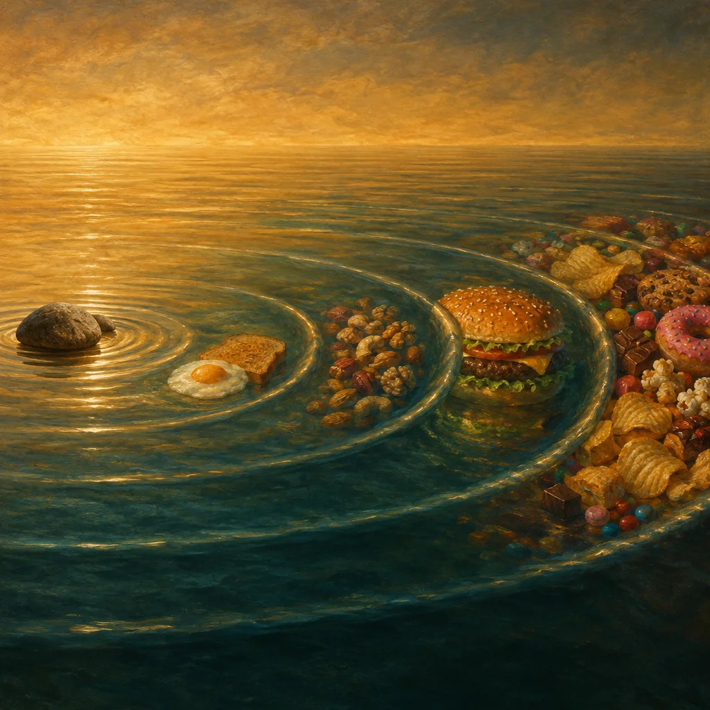 A surrealist oil painting of a calm ocean at golden sunset shows concentric water ripples emanating from a lone stone on the left, with each successive ripple band containing increasingly indulgent foods: a fried egg and toast, a pile of mixed nuts, a large hamburger, and finally a dense shore of chips, donuts, candies, popcorn, and cookies on the right.