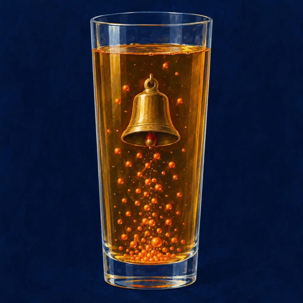 A tall clear drinking glass filled with amber liquid contains a submerged brass bell with a red clapper, surrounded by rising orange bubbles that trail upward and collect near the surface against a dark navy background.